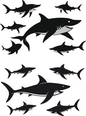 set of sharks in different poses silhouette, vector 