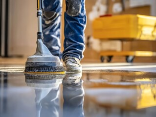 Professional cleaning team tidying up home post renovation with specialized equipment