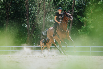 Woman riding a horse in an outdoor arena surrounded by trees on a sunny day, capturing the essence...