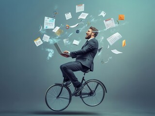 Productive businessman juggles multitasking on unicycle with laptop, calendar, ideas, emails