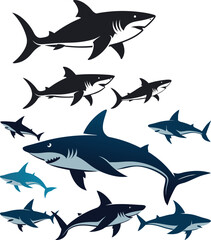 set of sharks in different poses silhouette, vector 