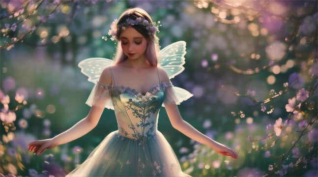 An ethereal fairy dancing under the moonlight within an enchanted night forest surrounded by delicate vines and flowers in a pastel-colored painting.