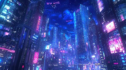 Obraz premium Futuristic Cyberpunk Cityscape with Neon Lights.