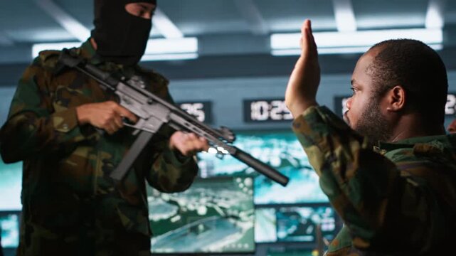 Terrorist threatening soldiers with rifles in command post. Insurgent using guns to control hostages during enemy base assault hijacking in guerilla warfare armed conflict, camera A