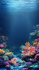 Naklejka premium Vibrant underwater coral reef landscape showcasing diverse marine life and colorful coral formations, highlighting oceanic biodiversity and the importance of marine conservation