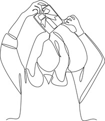 Woman puts gift on head one line art vector illustration