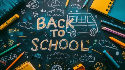 Colorful Back to School Picture. Pencil Colors with Toys on Blackboard in School Theme 