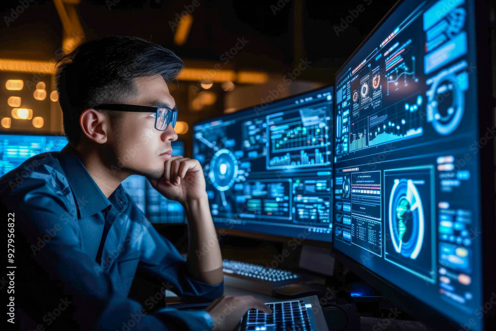 Poster a man with glasses looking at a computer screen with a face made of lines