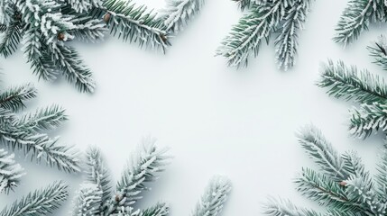 White mockup background with frozen pine branches in top view for Christmas greeting card and ads