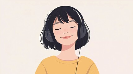 A stylish illustration of a girl with short hair, eyes closed, peacefully enjoying music through headphones. Ideal for relaxation, music, and calm themes.
