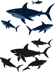 set of sharks in different poses silhouette, vector 