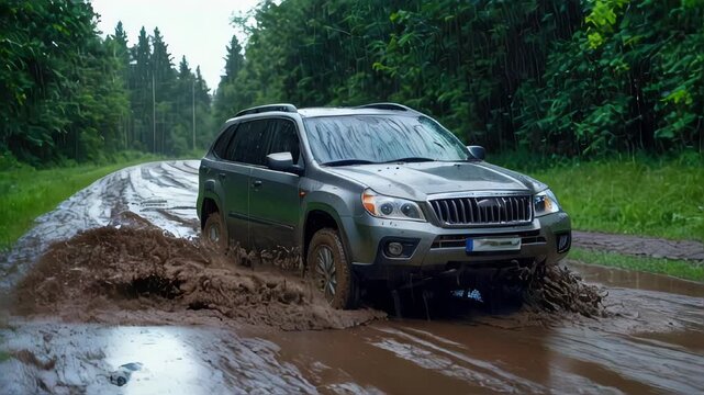 big SUV driving through mud. big metal car in mud puddle. off-road and mud