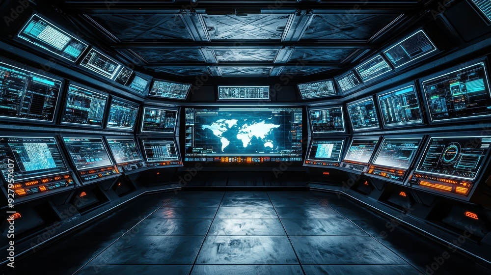 Poster futuristic control room with world map display.