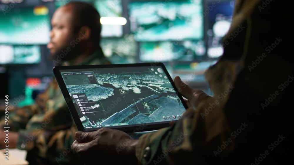 Poster army telecommunication systems operator using satellite software on tablet, providing combat support