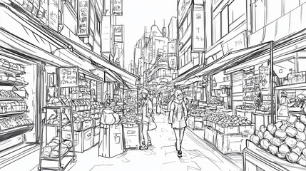Sketch of a bustling market street.