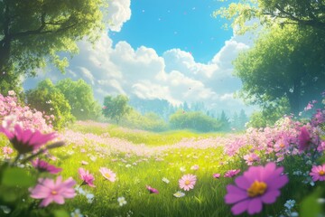 Obraz premium Springtime Whimsy: anime-style Morning on a Blooming Field, Enchanted with the Fragrance of Floral Seasonal Delights, Perfect for Easter Greetings,Anime-Style,illustration,Picture BooksFor Poster,Nove
