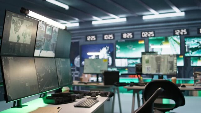 Empty army command center housing missile defense system designed to intercept ballistic missiles. Panning shot of armed forces headquarters used for tracking rockets using radar systems