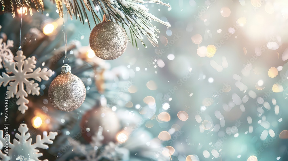 Poster a close-up of a christmas tree branch with two silver ornaments, snowflakes, and string lights. the 