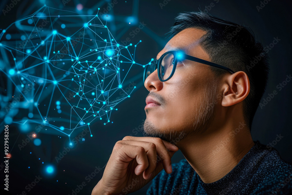 Poster a man with glasses looking at a computer screen with a face made of lines