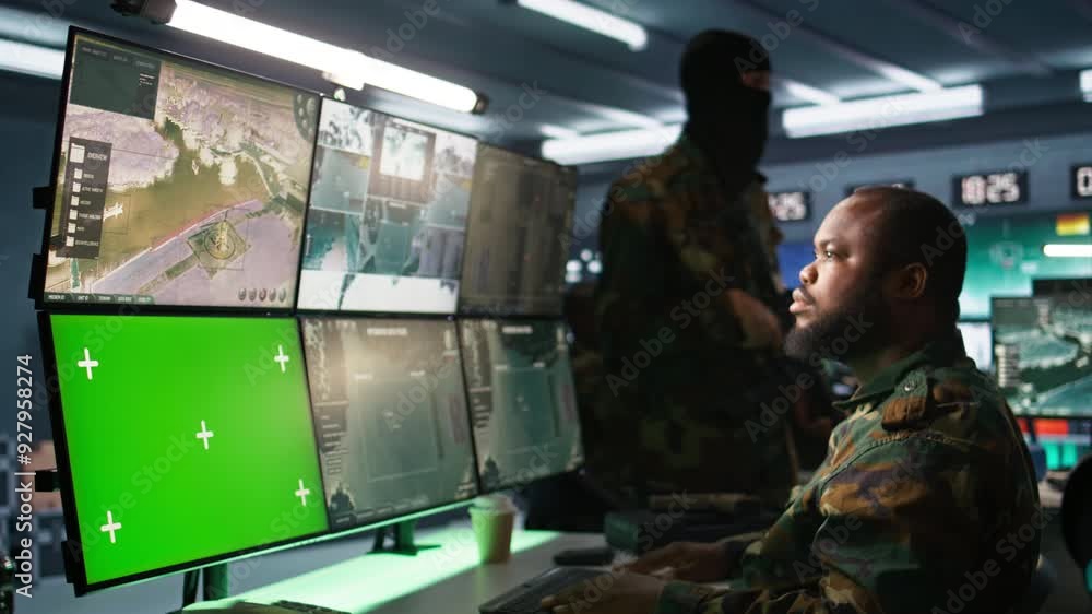 Poster soldier in military hq base using green screen equipment to gather information on enemy troops. offi