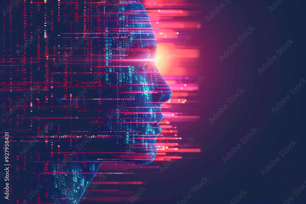 Poster a man with glasses looking at a computer screen with a face made of lines