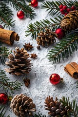 Festive Christmas Background Fir Branches, Pine Cones, and Red Ornaments on Snowy Surface