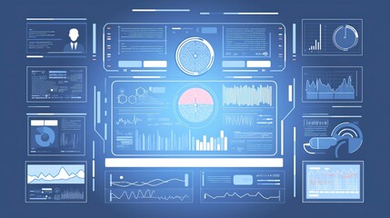 Futuristic digital dashboard with various data visualizations and analytics displays for technology and business insights.