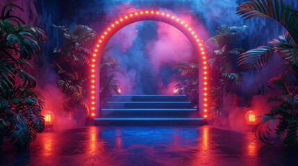Obraz premium Podium for awards or product display illustration. Abstract empty 3d stage with neon glowing round frame on dark background. Luxury beauty industry design.