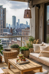 A balcony with a view of the city and a table with a vase and a book