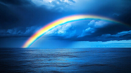 A vibrant rainbow arches over a calm ocean under dramatic dark storm clouds, creating a contrast between the colorful arc and the deep blue waters