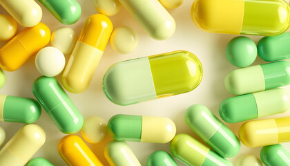 Medicine green and yellow pills or capsules isolated with white highlights, png