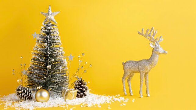 A silver reindeer stands on a yellow background with a small silver and gold Christmas tree decorated with ornaments and pine cones. The decorations are covered in fake snow.