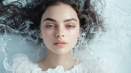 A young woman with long dark hair submerged in water. Her face is serene and her eyes are closed. She is wearing a white dress.