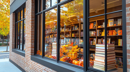 a brick-and-mortar bookstore with autumn-themed window displays and a stack of fall-themed books visible through the windows