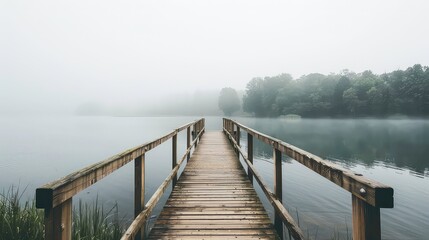 Obraz premium A wooden bridge leading to a misty lake with a forest in the distance.