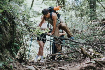 Young hikers on a summer adventure navigating through a forest trail, enjoying a sunny day and the beauty of nature.