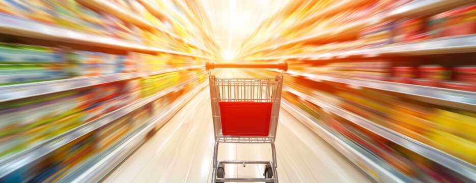 Blurry shopping cart in motion in a supermarket aisle. Concept of speed and consumerism. Abstract, retail style image ideal for e-commerce or supermarket promotions. Generative AI