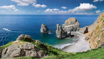 The rocks are located on the edge of the sea, creating a dramatic contrast with the surrounding sea water. generative ai