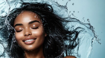 A beautiful woman with long black hair is surrounded by water splashing around her, she smiles with her eyes closed and the light reflects in her skin.