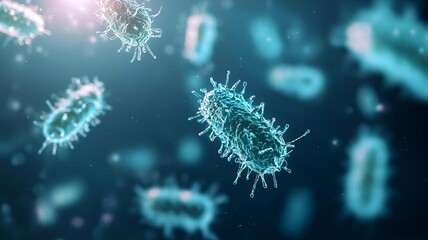 Obraz premium Close-up of a microscopic view of bacteria in vibrant colors, showcasing their unique structures and biological features.