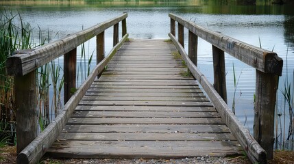 Obraz premium A wooden bridge extends across a still lake, with tall green reeds lining the sides. The bridge is made of weathered wooden planks and beams, with worn edges and a slight curve in the path.