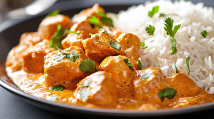 a serving of Indian butter chicken with rice