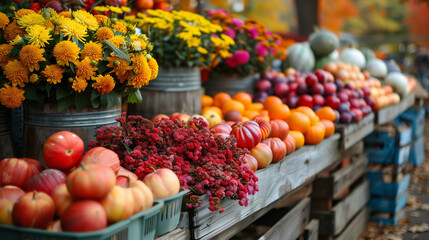 Autumn Market Stall with Fresh Produce. Vibrant market stall filled with autumn flowers, pumpkins, and fresh produce, capturing the essence of fall.
