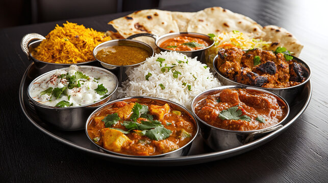a traditional Indian thali platter, showcasing a variety of curries, rice, and bread