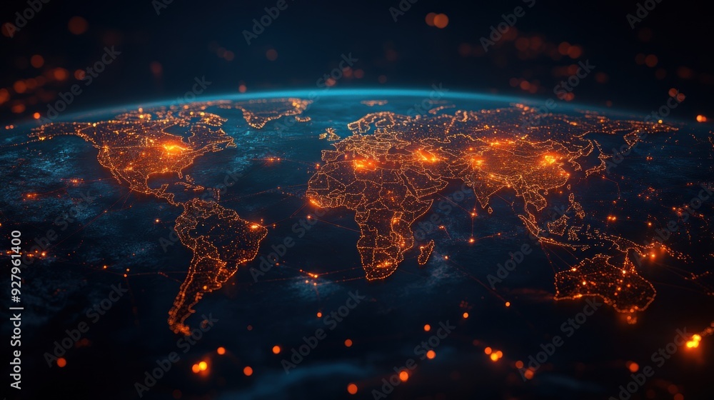 Poster global network: illuminated world map