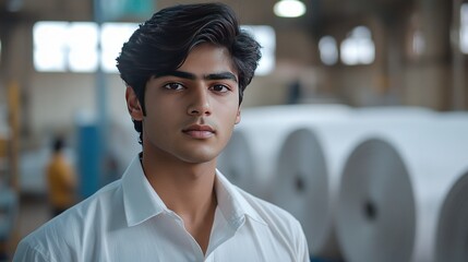Portrait of a young man wearing a white shirt in a factory setting.
