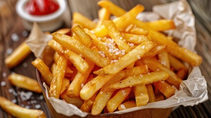 A basket of hot, crispy French fries seasoned with salt and served with ketchup