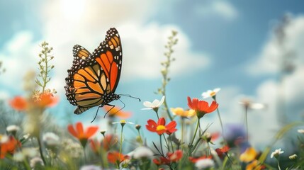 Obraz premium A butterfly in flight over a field of flowers, representing the freedom and beauty of new life.