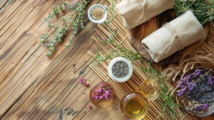 Obraz premium A calming spa setting with herbal sachets, essential oils, and a bamboo mat on a wooden surface.