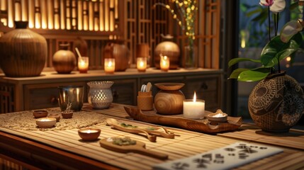 A calming Thai massage environment with wooden massage tools, a bamboo mat, and scented candles.